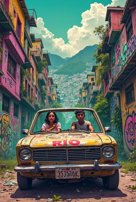 A photo with graffiti themes based on the colors purple and green, with the background focused on the favela, written RIO RISE VERY LARGE, with two characters in the car a man and a woman 