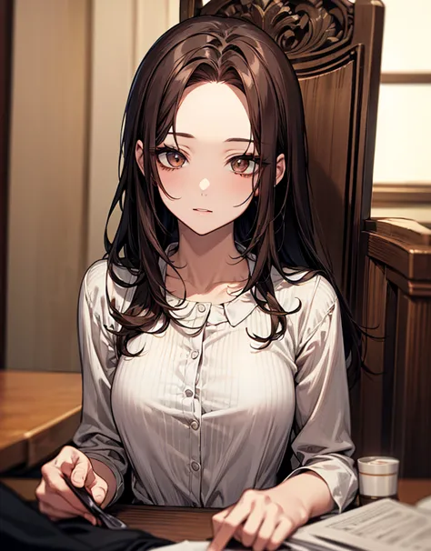 vivid colors、Excellent lighting、 Comic Style、anime style、detailed illustration、detailed background、beautiful face、Beautiful and strict eyes、Hi-Res, very aesthetic, masterpiece, high quality, 1 Adult Female、Mature Woman 、Mother、housewife、My eyes are slightl...