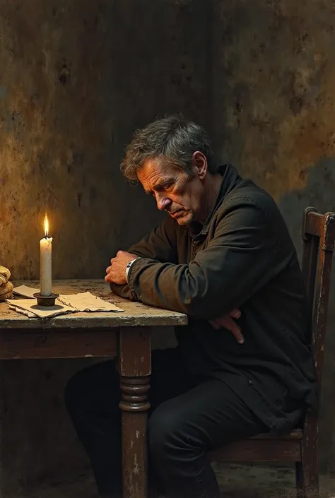 A lonely man in a dark and claustrophobic environment, like a cramped room with stone walls Wet. He is seated in a weathered wooden chair, with elbows resting on a full table of crumpled papers and a single melted candle, partially illuminating his distres...