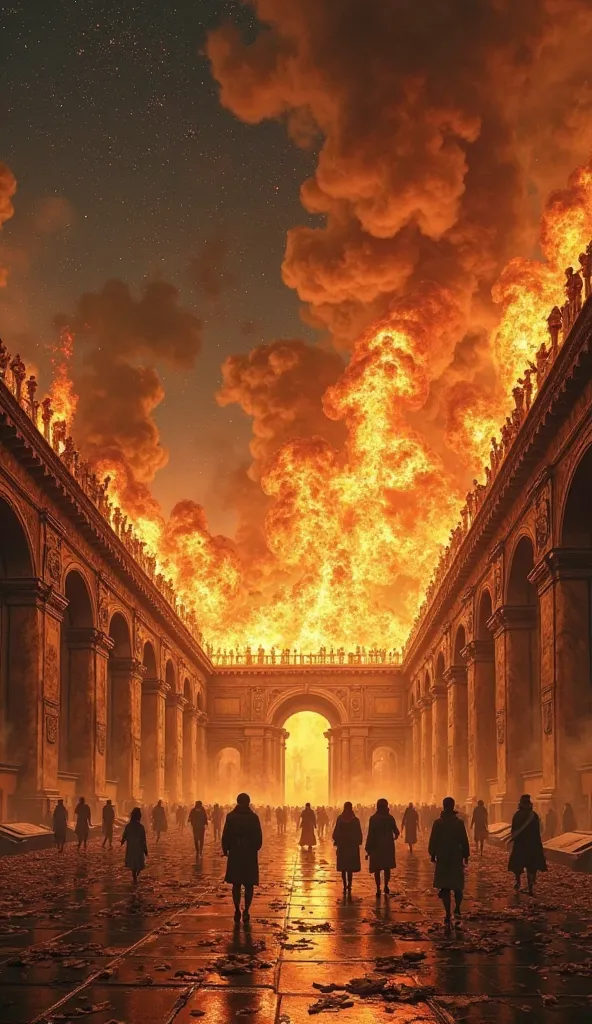 A grand ancient library engulfed in massive flames at night, with thick smoke rising into the sky. Scattered scrolls and books burn on the marble floors. Silhouettes of people flee in panic, while a few stand frozen, watching in despair. The warm glow of t...