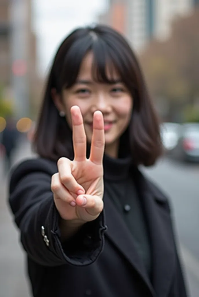 A Japanese girl around the age of 30 with a black coat and black hair shook her fist on her left hand but raised three fingers, each with her index finger，Middle and ring fingers，Shape similar to w，Don't have any ornaments on your fingers，Be sure to take s...