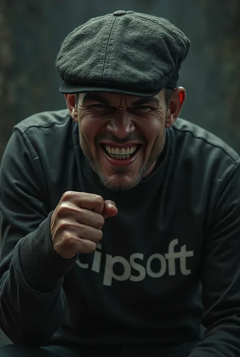 Create the image of a man with a cap on his head, he is making a perverse face, plotting something, on your clothes is written with the word "CIPSOFT"