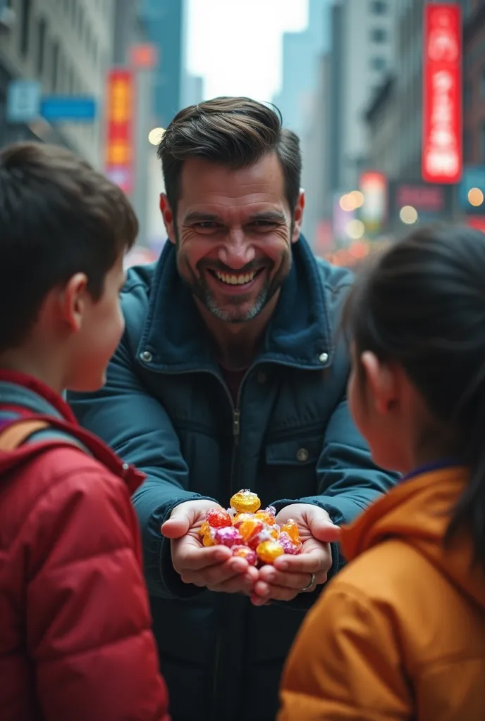  a 30-year-old man, suspicious,  with a malicious smile , offers ren candies on the street, Who look at the candies 