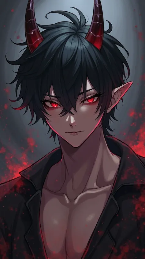 demon masculin 20 ans ,il a des  cheveux  noir  , cheveux courts,les yeux noir , il a des cornes sur la tete , anime, sexy