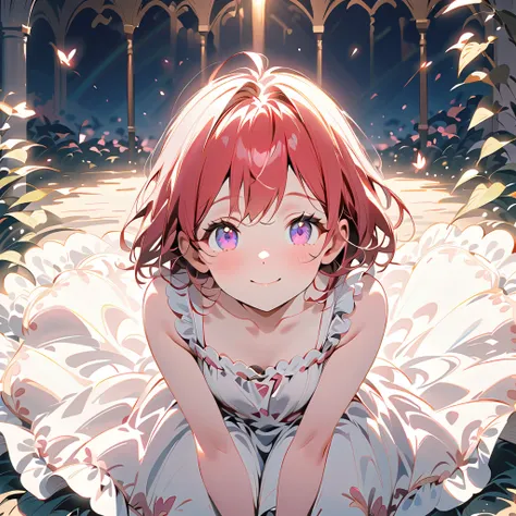 (masterpiece, best quality:1.2),  centered , 1 girl crouching, Alone,  cinematic view , portrait, red hair, cute smile up to the knee, Dynamic Angle,  pink dress , violet eyes, 