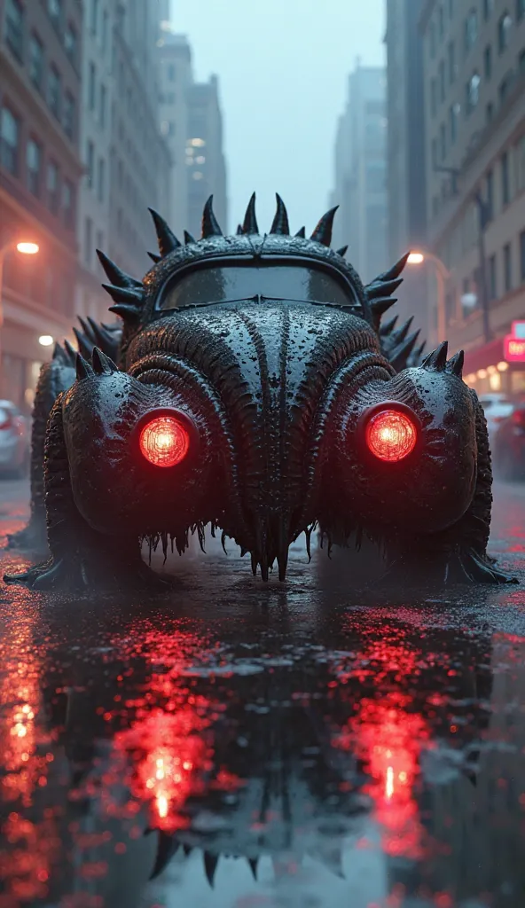 Create a dramatic 3D scene in Pixar’s cinematic style. A monstrous black car suddenly stops in front of Sonic and Spider-Man. Its body appears semi-organic, covered in a viscous black symbiote-like material, with small tendrils moving along the sides. The ...