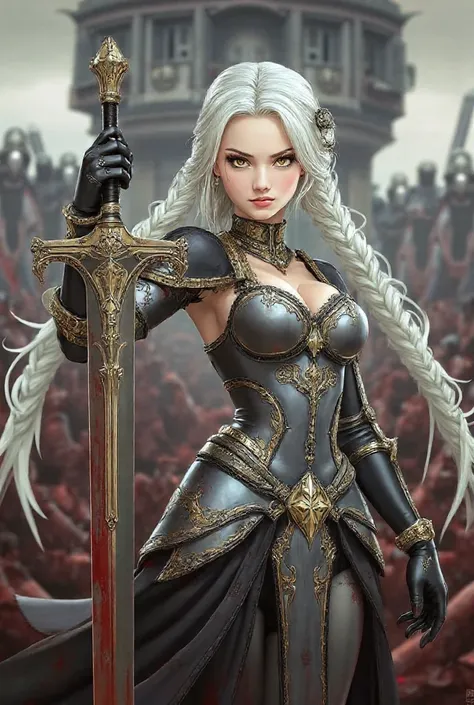 Anime girl wear medieval warrior suit white hair gold eyes hold excalibur lie among the remains of medieval soldiers, their bodies stained with blood, the sky is dark 



