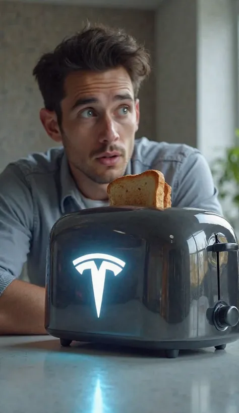 "A toaster with a glowing Tesla logo on its side, while the young man looks at it in surprise."

