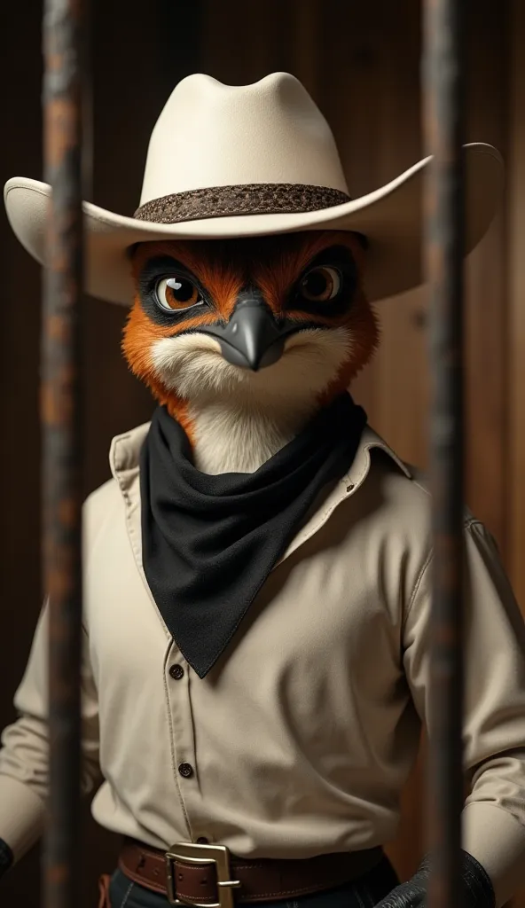 "A highly detailed and realistic anthropomorphic Rufous-bellied Thrush, with a confident smirk, replacing the human character in the original reference. The character is wearing a stylish white cowboy outfit with black accents, including a buttoned-up West...