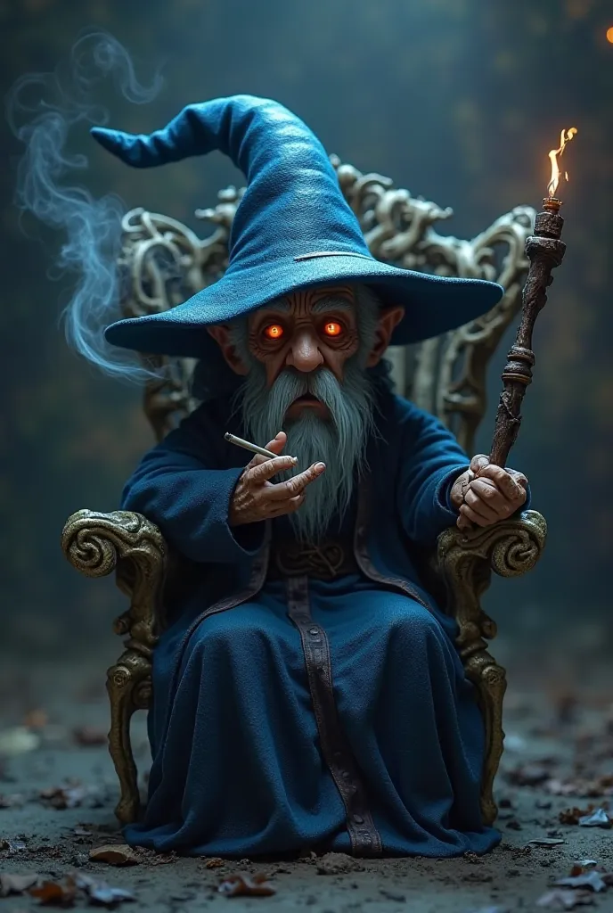 Animated wizard 1.80ct height, with long blue hat smoking  a cigarette, dark fantasy style, dark atmosphere, dungeon atmosphere, nostalgic atmosphere, the left hand holding the cigarette on his mouth and the left hand holding a wizard staff, sitting in a c...