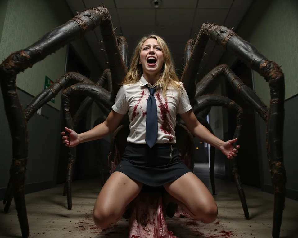 Female students in uniform are eaten by giant spiders。
 she is screaming in so much pain。
She has wide open thighs。
A spider is slurping her 。
実写風
彼女はtearsを流しながら助けを求めている
号泣，tears