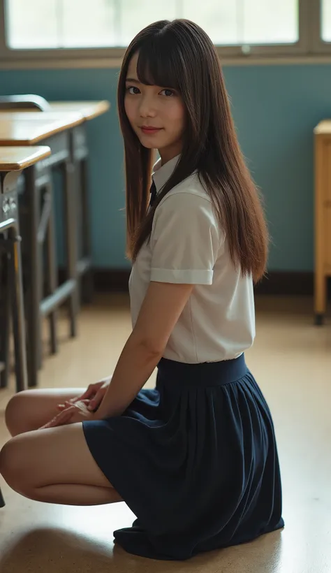 high resolution pictures,8k,masterpiece,best quality, detailed description, Photorealistic, complicated details,  natural light, 1 girl crouching,  school's, long hair, ( school's机の上に手をつないで立っている , from behind, turn around, Twisted Torso , Asfocus), She smi...