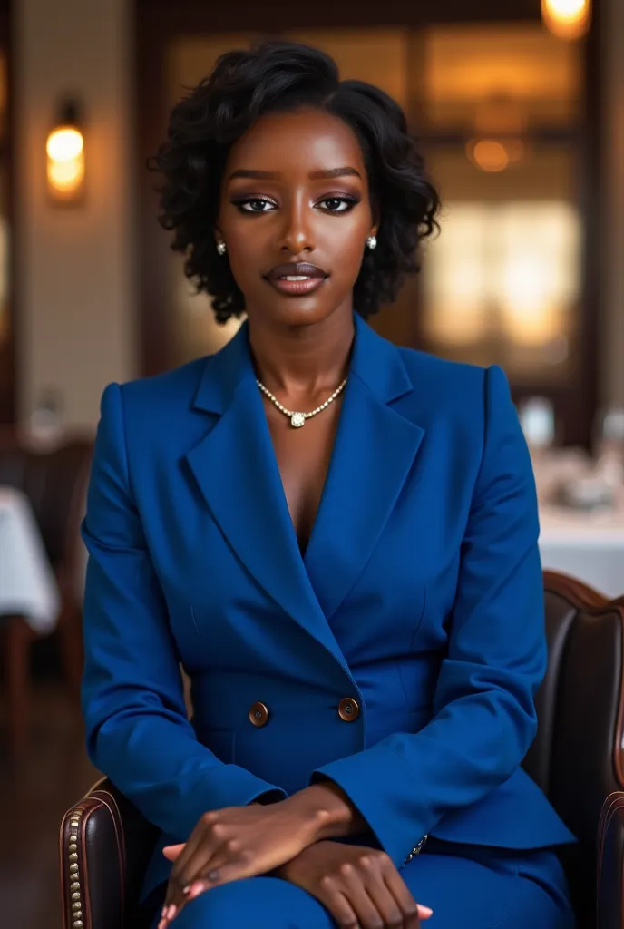 Make her an executive real rwandese woman in blue suit in a sitted restuarant