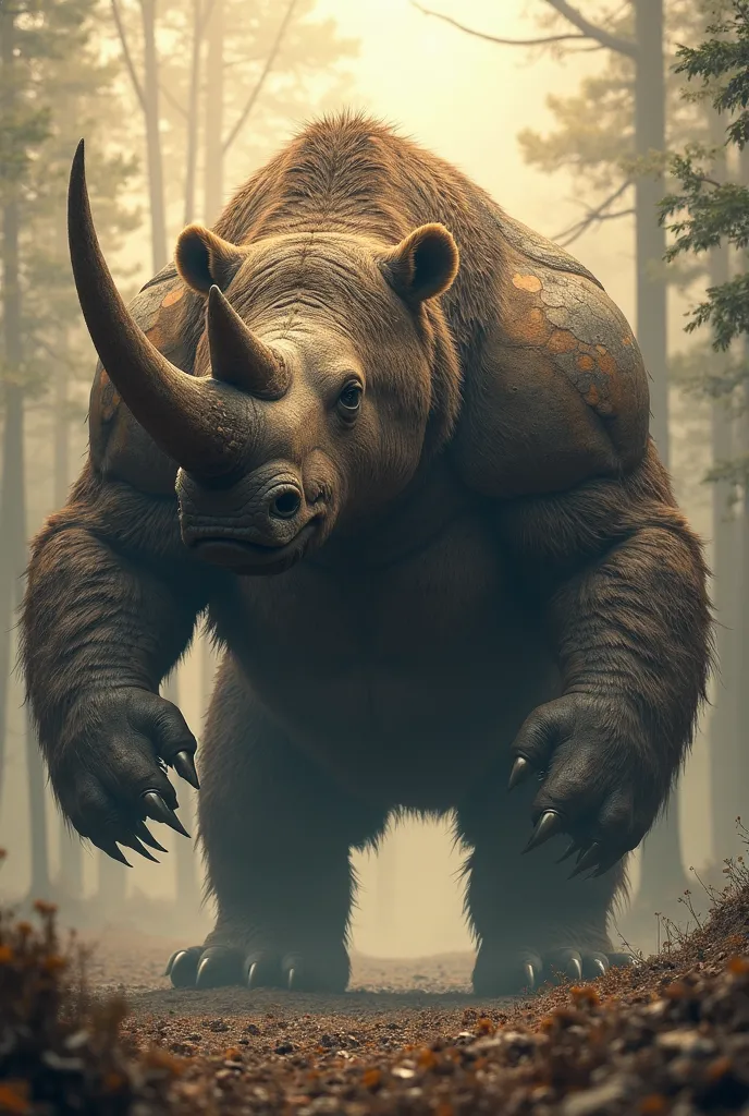 A massive hybrid creature stands in the heart of the wild, combining the sheer power of a grizzly bear and the armored might of a rhinoceros. Its body is covered in thick, rugged fur, but along its back and shoulders, patches of hardened, plated rhino-like...