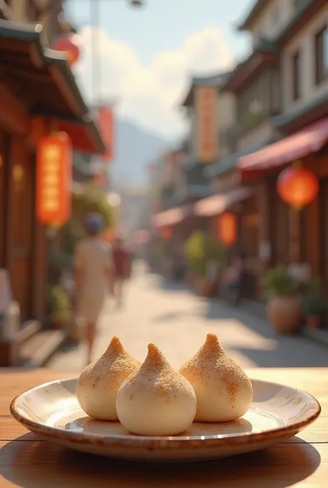 In 3d Pixar animation.
A few mochi covered in kinako, soy bean flour. on a plate. On a table. Background street of Japan