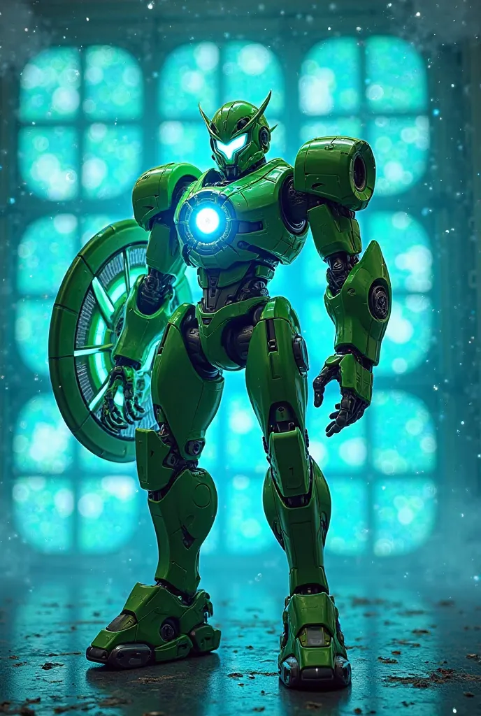 green robot with energy shield in blue squares 