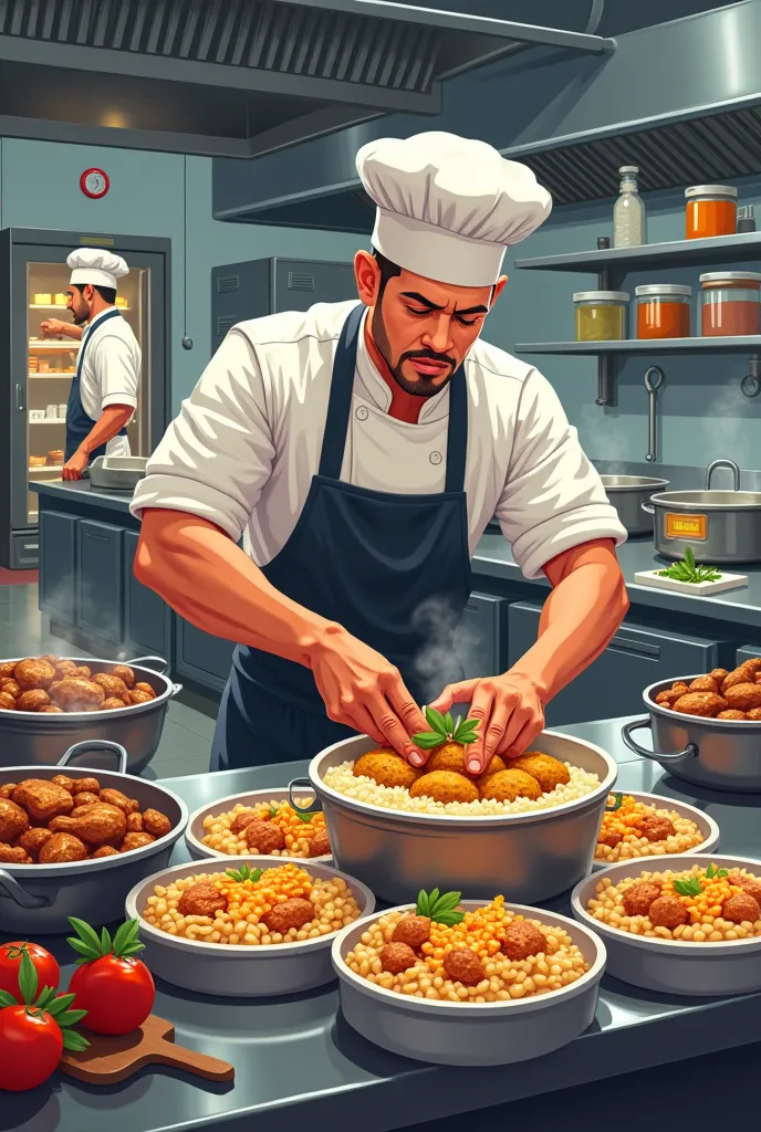 Ultra cartoon image of In a spacious and well-equipped kitchen at the Sabor Caseiro Restaurant, a chef is focused on assembling several marmitex with precision and agility. He wears an impeccable apron and a white cap, while their skilled hands distribute ...