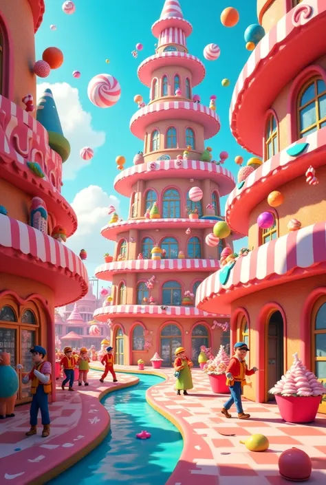 Candy big building store animated with workers