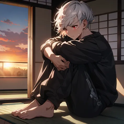 1 young man,a pieceful young man,silky hair,crew cut,short hair,pearlescent white hair,bushy eyebrows,super detailed skin,fair skin,beautiful face,beautiful eyes,double eyelid,crimson red eyes,tears,look down,hugging own legs,BREAK,black sweatshirts,black ...