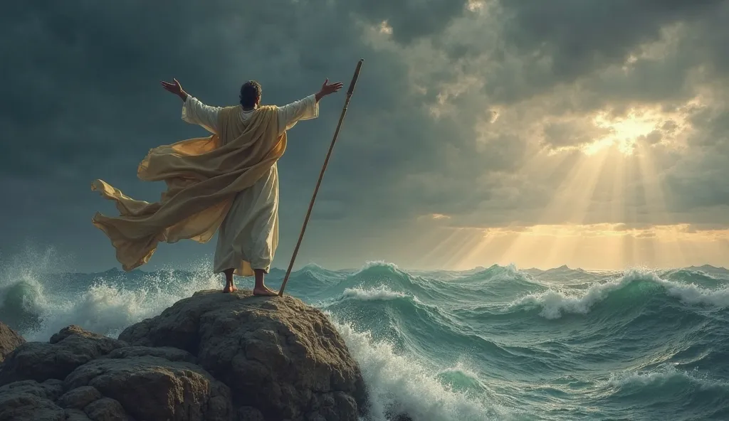 Moses standing on a rock on the edge of the Red Sea, with his staff raised to the sky. His outstretched arms demonstrate authority and faith. The sky is dark and stormy, and the sea in front of him begins to shake.