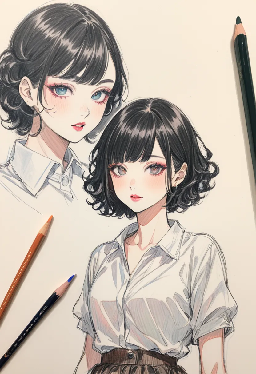 woman、 black hair、short curly hair 、whiteいブラウス、skirt、heavy makeup、 eyeshadow is dark、white、art、advertisement、Colored pencil drawing、sketch、illustrations