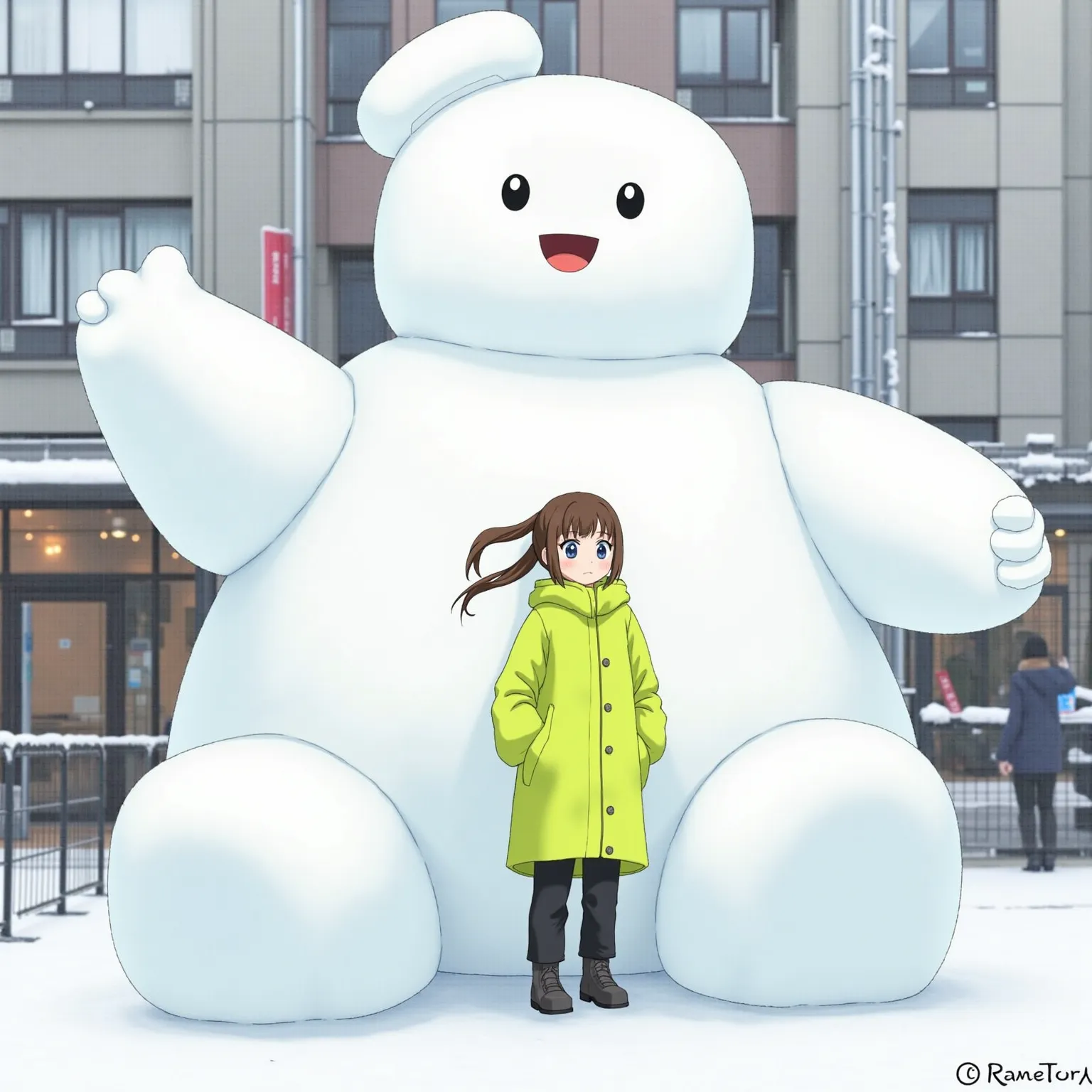  age Girl、On a snowy day、wear fluorescent warm clothes、{making a huge Stay Puff Marshmallow Man}、the size of the Stay Puft Marshmallow Man is 34.3m
It's、(brown hair)Warm clothes,,,  blue eyes,be in high spirits,  in front of Shimokitazawa station, Hi-Res, ...