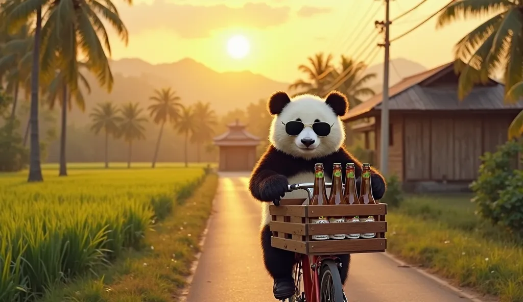 A  chubby and friendly panda riding an old-fashioned bicycle along a scenic countryside road, balancing a wooden crate filled with cold beer bottles on the back. The panda wears round sunglasses and has a relaxed, happy expression as it pedals towards a co...