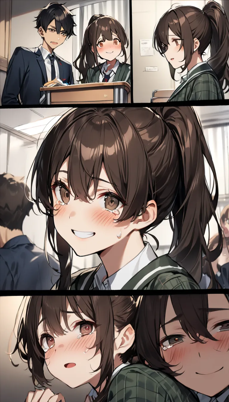 lips, masterpiece,  high resolution, 8K, 解剖学的に正しいpeople体, (((女の子1peopleと男の子１people))), (An empty classroom ),   Expressive dark brown eyes , Mature woman, ((( ponytail))), ((( black hair))),   I apologize with tears in my eyes ,   A bad high school student...