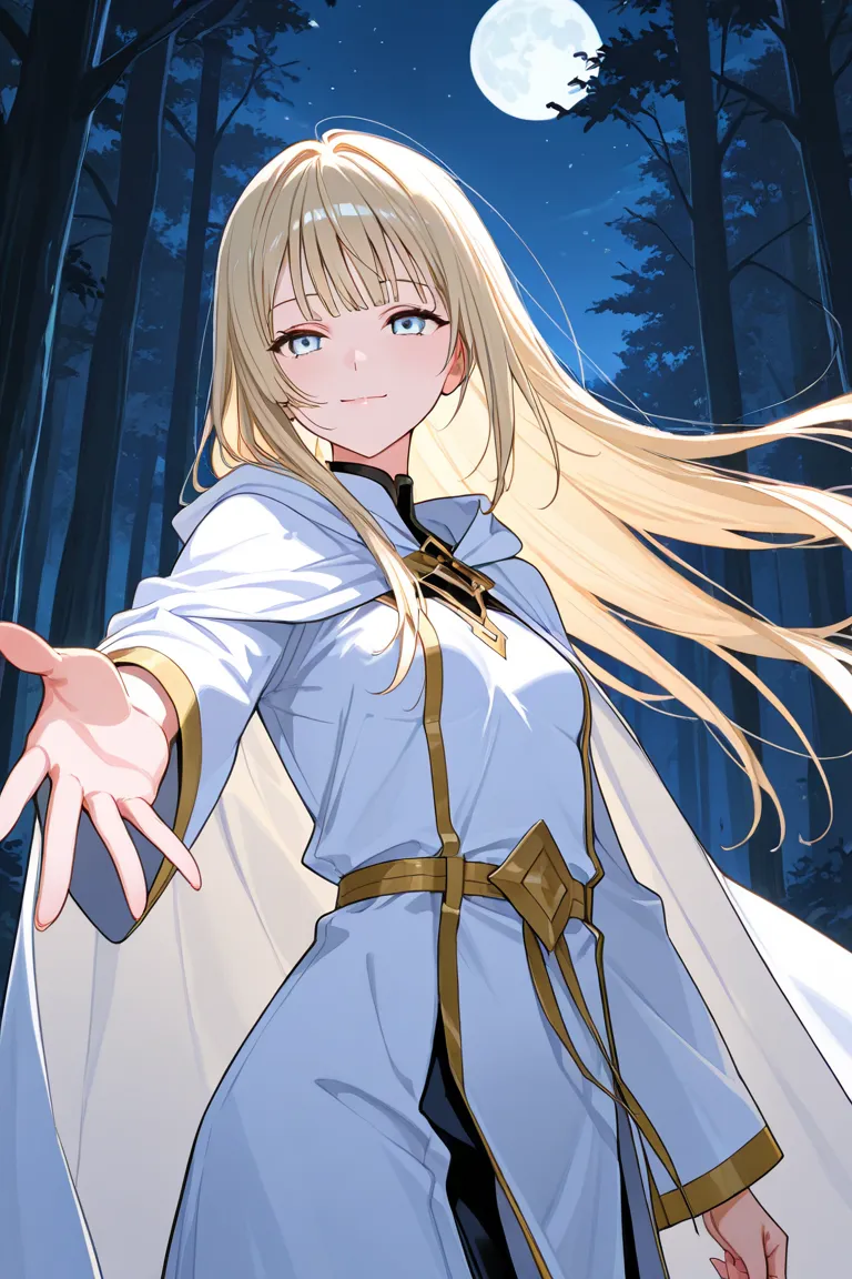 score_9, score_8_up, score_7_up, score_6_up, score_5_up, score_4_up, 1 female, solo, (adult:1.2), light blue eyes, light golden hair, long hair, straight hair, straight bangs, (small breasts: 1.2), light smile, flushed face, white robe, white cloak, outstr...