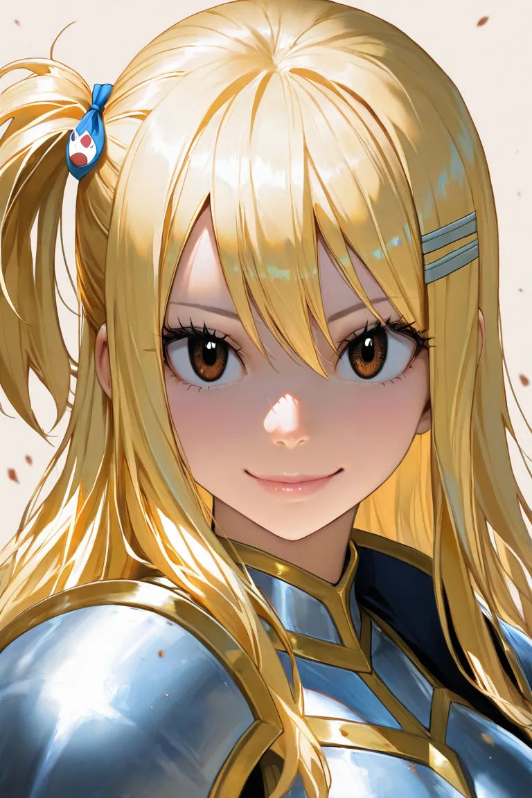 ,LUCY HEARTFILIA FROM FAIRY TAIL, YELLOW COLOUR HAIR, ONE SIDE PONYTAIL HAIRSTYLE, BROWN COLOUR EYES, BLUE COLOUR HAIR CLIP, FAIRY TAIL ANIME STYLE ,holy armor,(EyesHD:1.2),masterpiece,best quality,ultra-detailed,sharp focus,High-definition eyes,Ultra HD e...