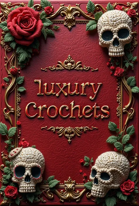 create a luxury crochet book cover with a rich, bold red background featuring eerie yet elegant muerte elements, such as intricately crocheted sugar skulls adorned with red roses and ornate lace, surrounded by lush greenery and twirling vines, all masterfu...