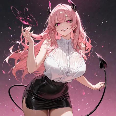 1 woman, mature female, mature face, sharp looks, sharp face, long light pink hair with bangs, the eyes are hot pink, glossy lips, a white sleeveless blouse with a deep neckline, black mini skirt, black demon horns, black demon tail, with a super big smile...