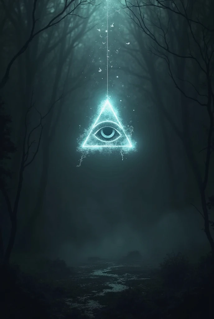 A dark, mysterious background with a glowing Illuminati triangle (Eye of Providence) symbol floating in the center, surrounded by shadows.