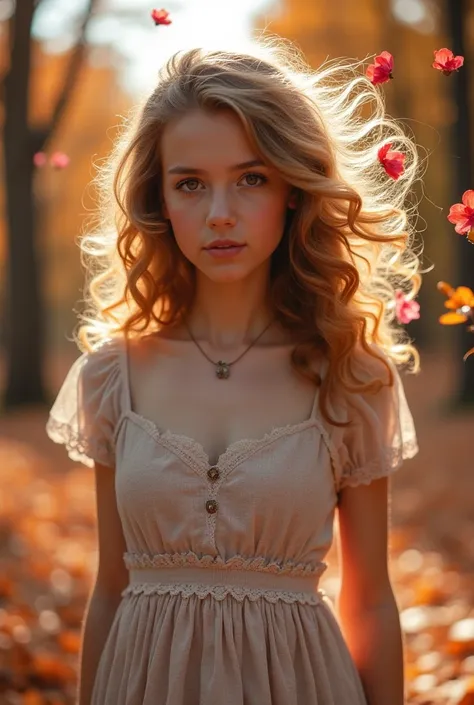 "A young and beautiful  Russian girl, whose curls flutter wildly in the wind, stands out vividly in a photorealistic yet surreal autumn scene, walking slowly against a dull backdrop of autumn trees with pale orange and brown leaves, shining with her fiery ...