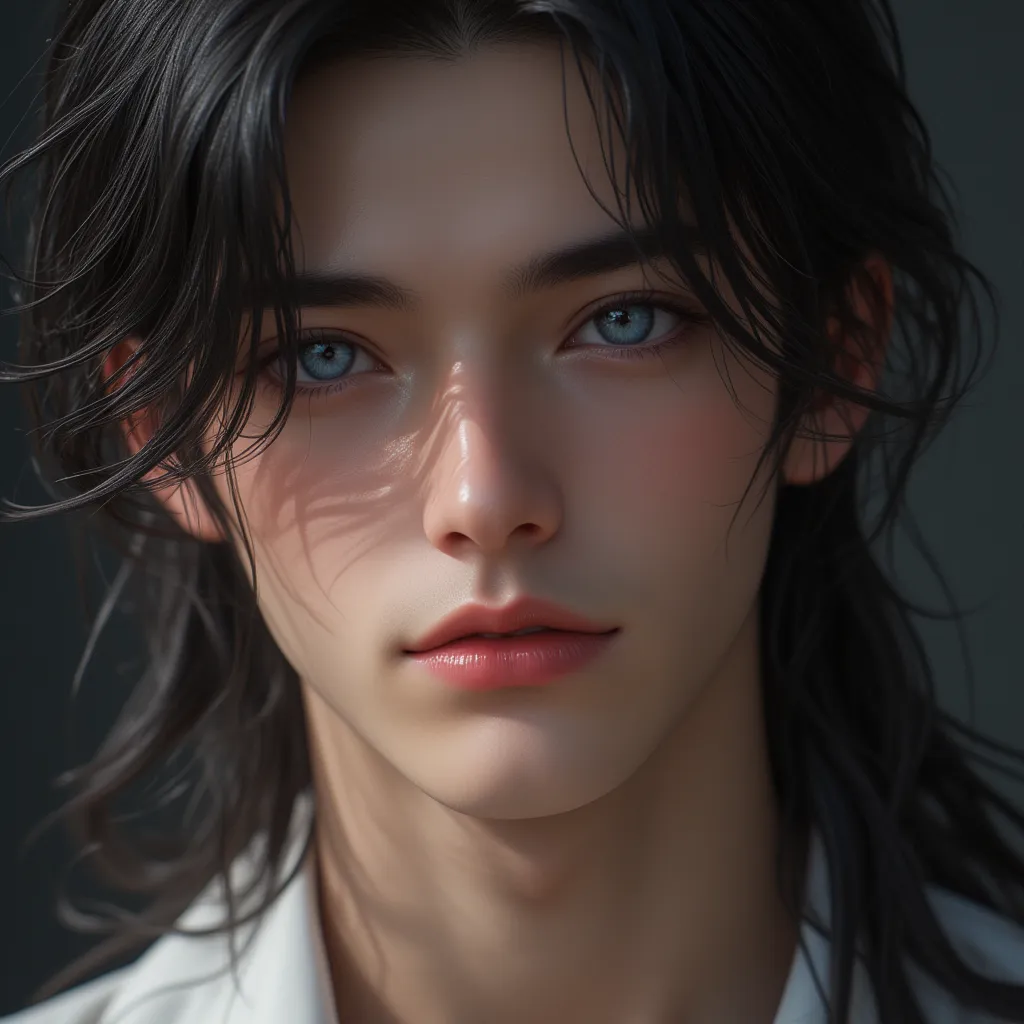 masterpiece, best quality work of art, 8k, of the highest quality, best graphic, visage parfait , Beautiful blue almond eyes , beautiful sensual lip, beautiful background, longs cheveux noirs ,  A good man . manhwa 