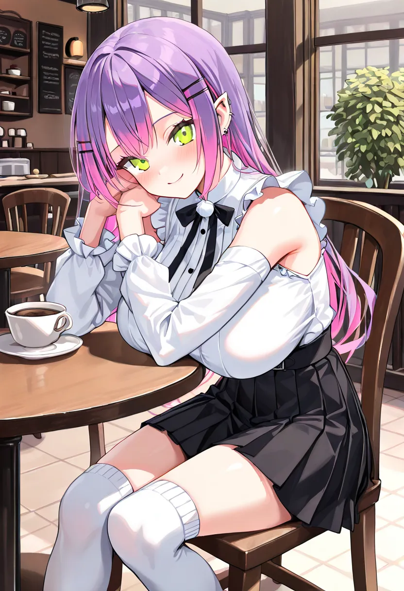 (Best Quality , 8k , masterpiece , incredibly absurdres , perfect body , super detailed skin , highly detailed eyes and face , 1 woman ) , tokoyami towa , purple Hair , Green eyes , smile ,  will be happy , ( white ruffle long sleeve blouse , sleeveless, B...