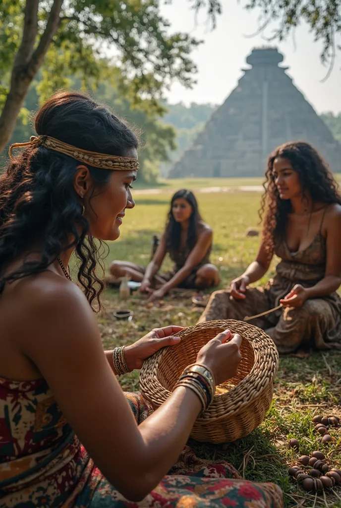 "POV of a Natchez Native American woman weaving a basket, her fingers skillfully intertwining plant fibers. Around her, women shape clay beads for necklaces, their laughter mingling with the rustling of leaves. The earthy smell of the forest blends with th...