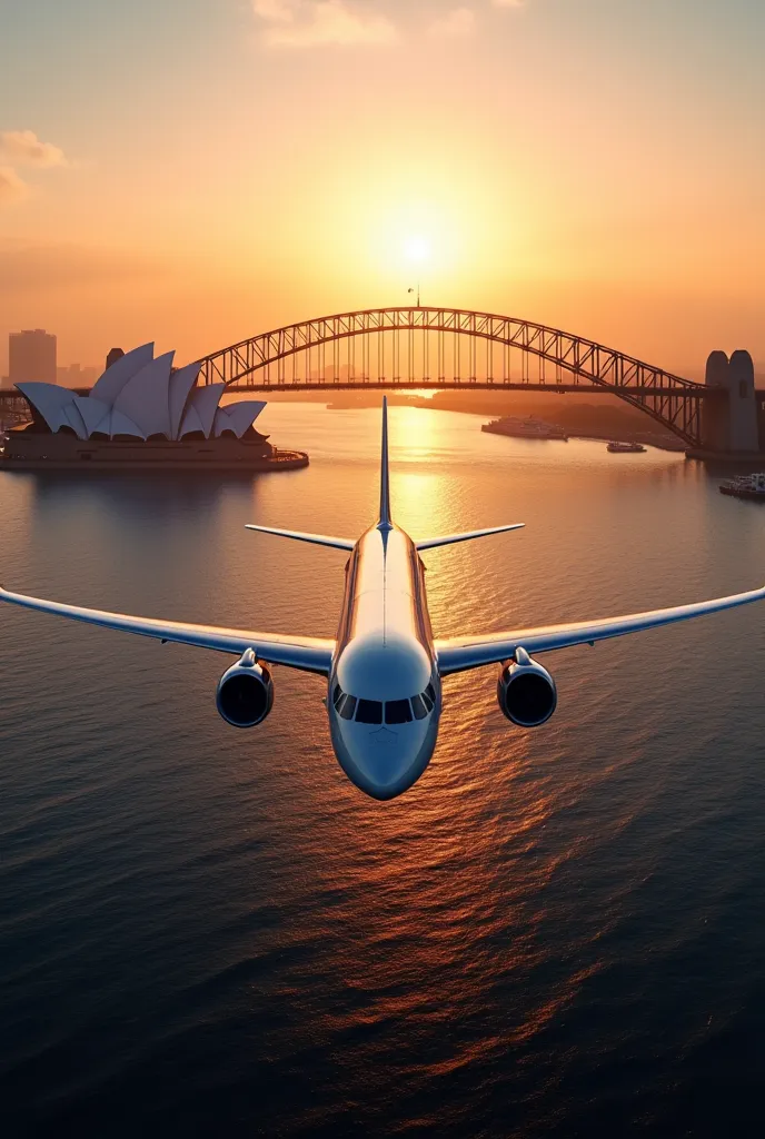 A jet landing over Sydney Harbour at sunrise, with the Opera House and Harbour Bridge in the background.