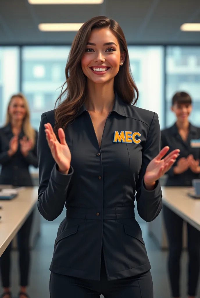 28 year old woman in tight black uniform, EPI, with the company name MEC G highlighted, Mec in the color blue , G in the color orange, posture,  beautiful and elegant body,  smile, Happy to work at Mec G, Clap along with other people, other collaborators w...