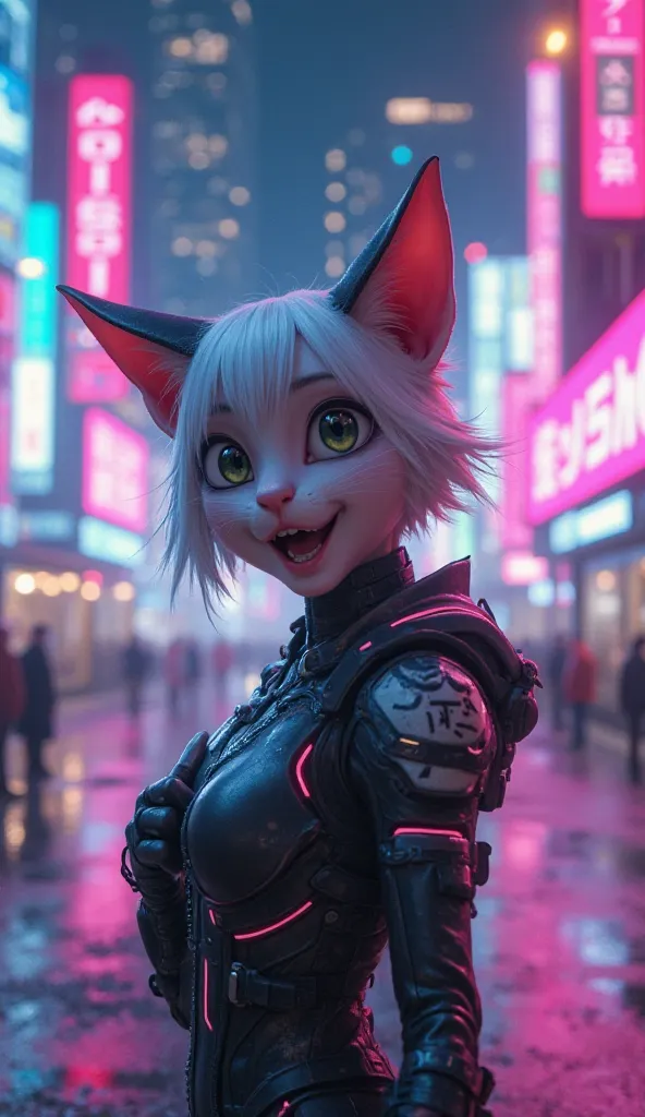 A surprised and slightly smiling cat girl with her mouth open, expressing awe. She has feline ears and a sleek, futuristic outfit with glowing accents. Her eyes are wide, and her hand is raised slightly as if reacting to something unexpected. The backgroun...