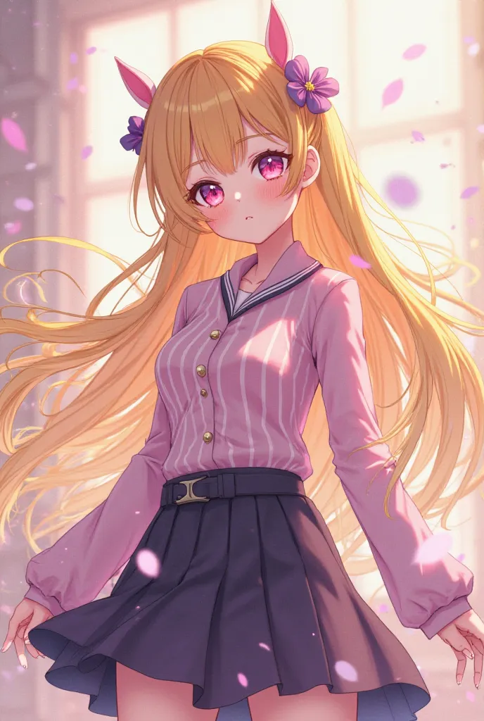 Anime character, long yellow hair, light pink and dark purple striped shirt, pink sweater, black skirt