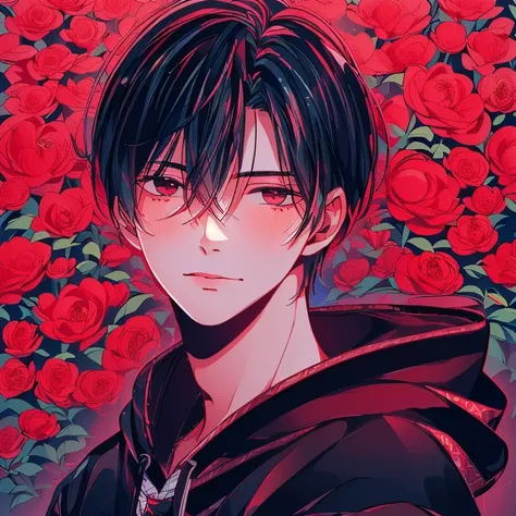 (masterpiece), (Best Quality), very detailed,  1 boy, Solo shot , perfect face, beautiful face, very detailed顔、Lots of red flowers、red petals 、 camellia flower、 dark hair、Boy in a White Shirt, Attractive man， short black hair,