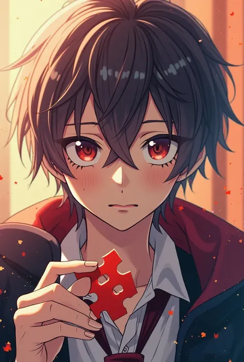 Anime boy with a piece of puzzle in his hand, 2D Anime style, Digital art from Danganronpa, inspired by Okumura Masanobu, Wataru Kajika, Otaku from Ganga, 2D Anime,  Chiaki Mi from Danganronpa , Anime boy, fukaya yuichiro, anime moe artstyle