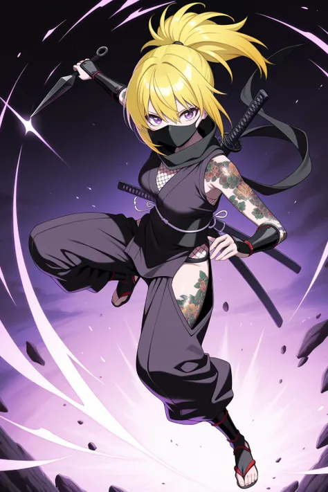 masterpiece,best quality, amazing quality, very aesthetic,anime screencap,A beautiful ninja holding a kunai ,katana on back,Action pose, ponytail,yellow hair, Brown skin ,purple eyes,  black veryshort kimono,textured skin, full body tattoos ,Japanese carvi...