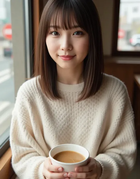 A young and beautiful Japanese woman is drinking coffee in a coffee shop in Tokyo. She is wearing a sweater and smiling sweetly. Ultra high resolution, super quality photo.