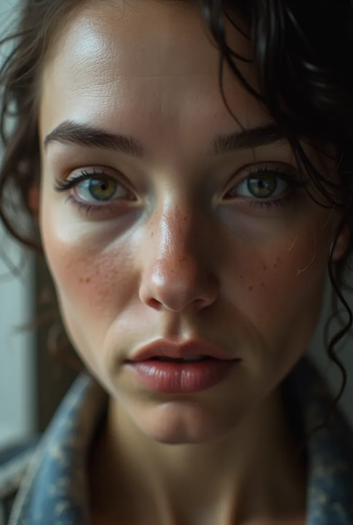 a close-up face woman, focus on eyes, nose and mouth, realistic