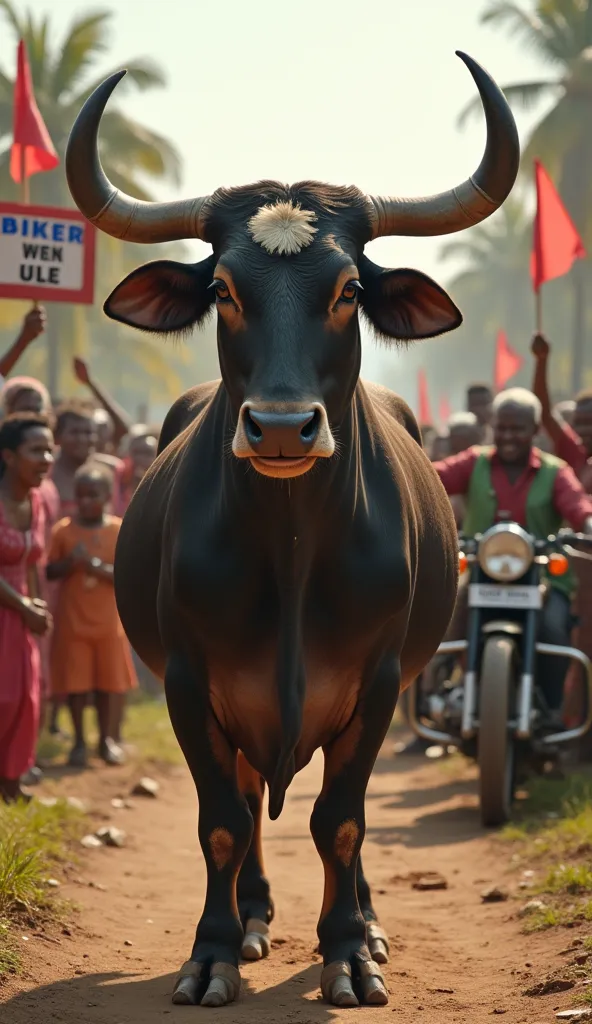 Prompt: The bull stands proudly in the village, fully recovered. Its head still has a small bandage, but it looks stronger than ever. Villagers surround the bull, cheering and celebrating. Some hold signs that say, ‘Biker Bull!’ The Royal Enfield is parked...