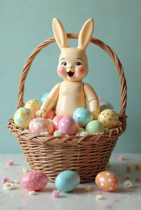 A basket filled with coloured eggs  and chocolate. A inflatable sex doll