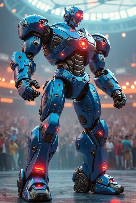 Create a photorealistic image of a 'Giants of Steel' style fighting robot, with shiny metallic details and an appearance robusta. The robot must have a vibrant color,  like blue or red , with LED lights blinking in the eyes and joints. It must be in a futu...