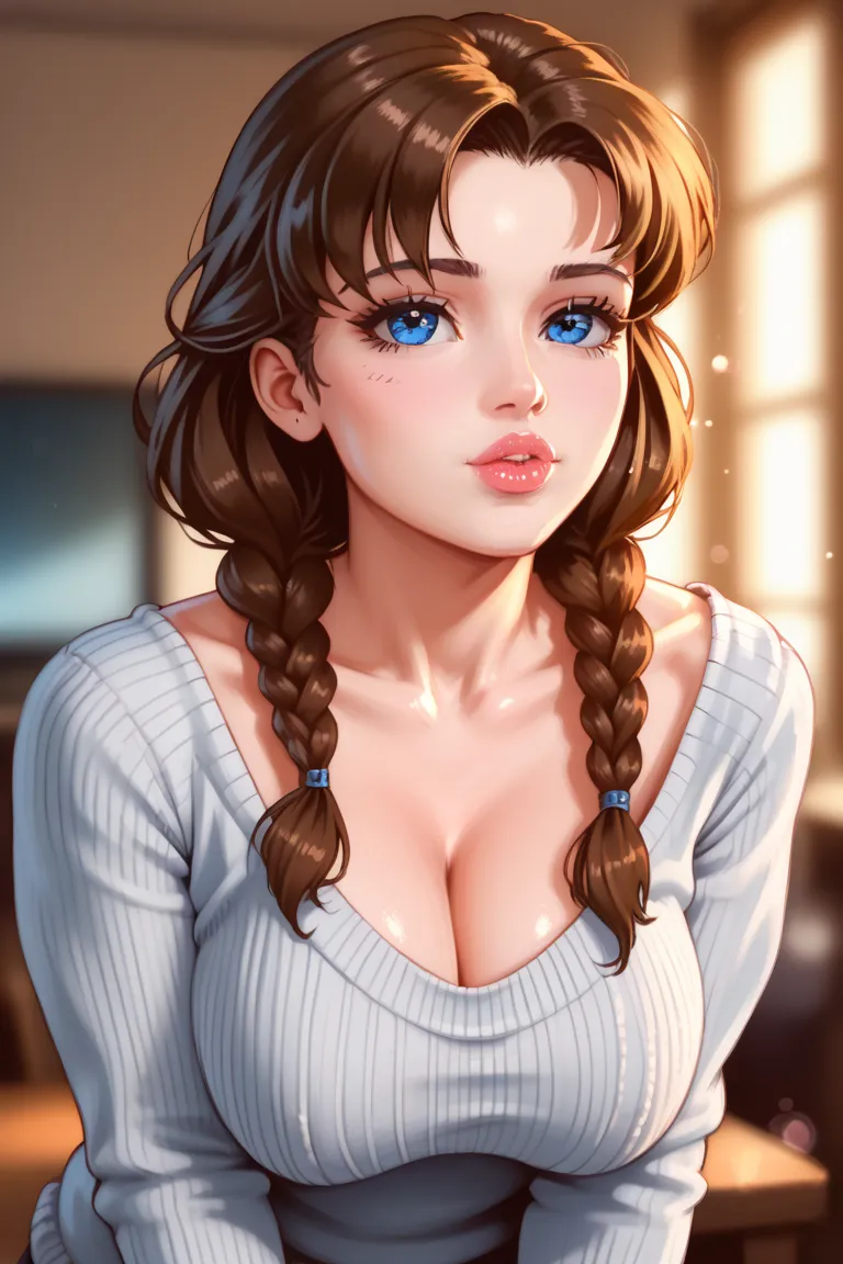 Look Up at Their Knees, Women Wearing Sweaters, Huge breasts, Plump lips, glass, blue eyes, Braided Pony, brown hair, high quality, 4K, Hi-Res, masterpiece, Extreme detail, realistic, HDR, Studio Lighting, extra fine paint,  Vivid , Bokeh, portrait, Warm T...